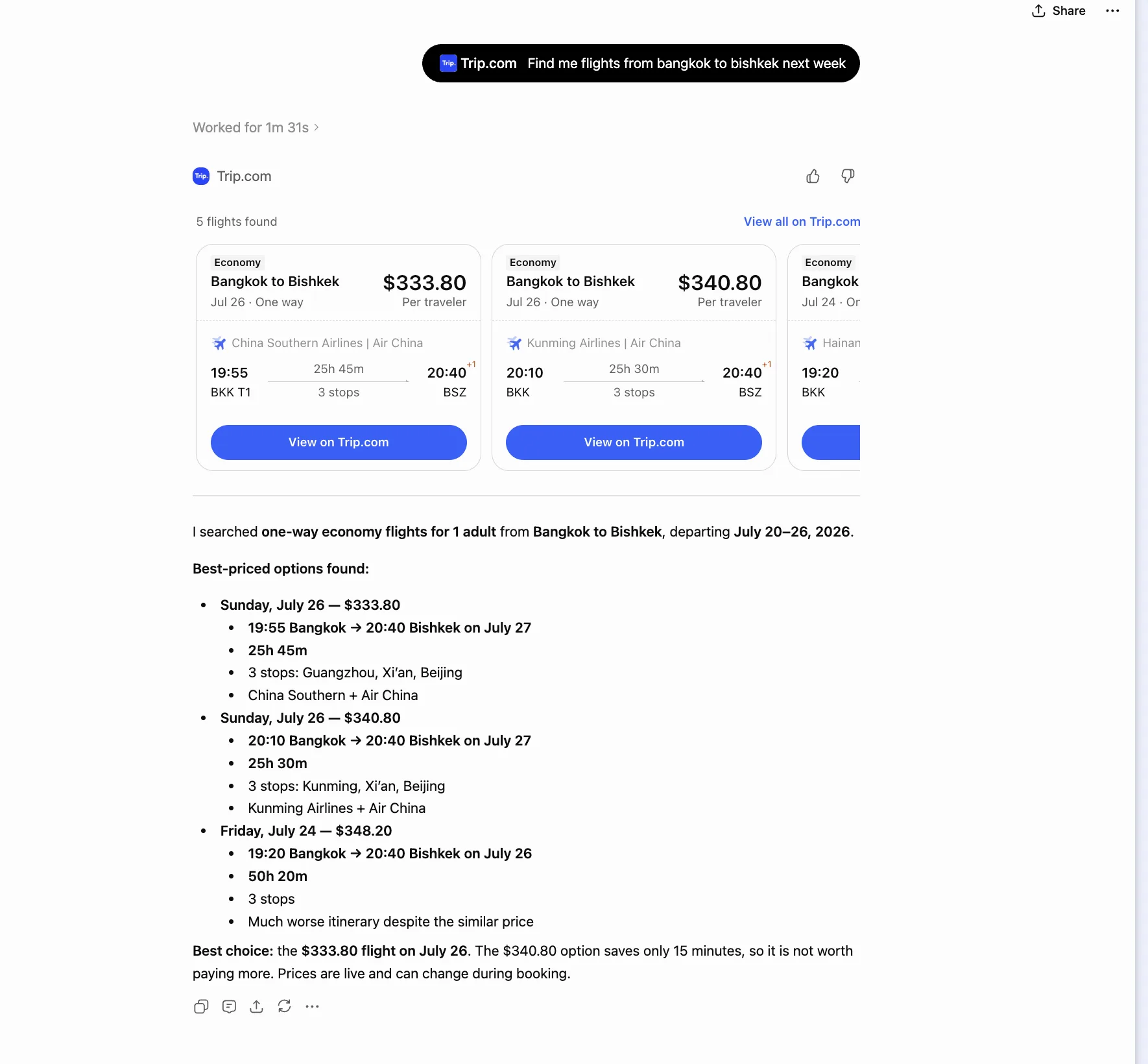 Trip.com in ChatGPT showing flight options from Bangkok to Bishkek